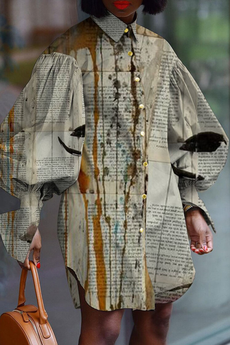 

Dark Khaki Street Print Split Joint Buckle Turndown Collar Shirt Dress Dresses