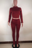 Burgundy Casual Solid Patchwork Half A Turtleneck Long Sleeve Two Pieces