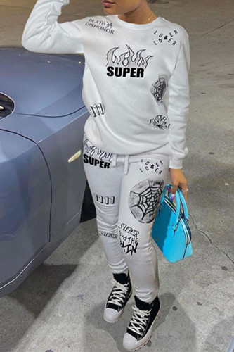 White Sportswear Print Patchwork O Neck Long Sleeve Two Pieces