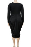ブラック カジュアル ソリッド パッチワーク 非対称 V ネック長袖プラス サイズ ドレス