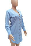 Blaue, lässige, einfarbige Hemdblusenkleider mit Patchwork-Schnalle und V-Ausschnitt