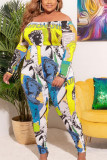 Lila sexigt tryck Patchwork Off the Shoulder Plus Size Jumpsuits