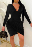 アーミーグリーンのセクシーなソリッドパッチワークフォールド非対称Vネックペンシルスカートドレス