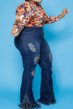 Темно-синие сексуальные однотонные рваные джинсы больших размеров
