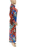 Kleur sexy print patchwork split halve coltrui lange mouwen jurken