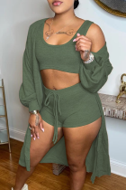 Army Green Casual Solid Patchwork Long Sleeve Three Pieces