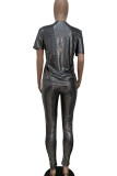 Black Casual Solid Two Piece Suits Patchwork Sequin pencil Short Sleeve Two-piece Pants Set