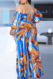 Blauwe sexy print patchwork off-shoulder jumpsuits in grote maten