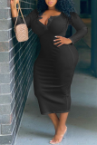 Black Sexy Solid Patchwork V Neck Pencil Skirt Plus Size Dresses