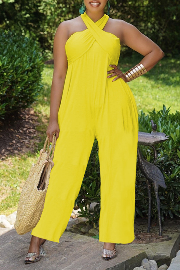 Yellow Casual Solid Patchwork Halter Loose Jumpsuits