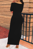 Vestidos de manga larga con cuello en O básicos con estampado casual de moda negra