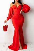 赤のセクシーなソリッドパッチワークストラップレストランペットマーメイドドレス