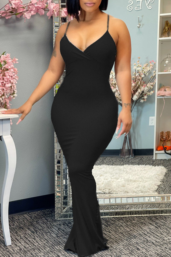 Zwarte elegante effen patchwork-jurk met spaghettibandjes en sling-jurken