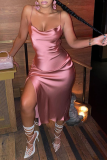 ピンクのセクシーなソリッドハイオープニングスパゲッティストラップペンシルスカートドレス