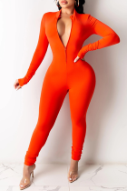 Tangerine Red Sexy Solid Patchwork Rits Kraag Skinny Jumpsuits