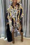 Vestido estampado leopardo estampado casual patchwork camisa de abertura de cama vestidos