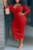 Pink Sexy Solid Patchwork V Neck Pencil Skirt Plus Size Dresses