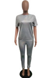 Grey Casual Solid Two Piece Suits Patchwork Sequin pencil Short Sleeve Two-piece Pants Set
