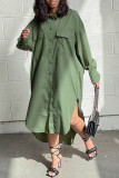 Зеленое повседневное однотонное платье-рубашка в стиле пэчворк с отложным воротником и пряжкой Платья Платья