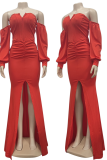 赤のセクシーなソリッドパッチワークストラップレストランペットマーメイドドレス