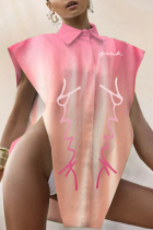 Pink Sexy Print Patchwork Turndown Collar Tops