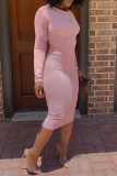 Pink Casual Solid Patchwork O Neck Pencil Skirt Dresses