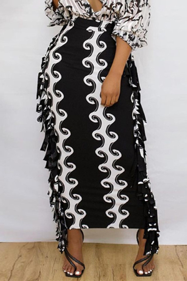 Zwarte mode-casual print met kwastjes en patchwork, normale rok met hoge taille