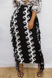 Falda moda casual estampado borla patchwork regular cintura alta negro