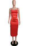 Vestidos de falda de tubo con correa de espagueti de apertura alta sólida sexy roja