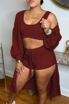 Burgundy Casual Solid Patchwork Long Sleeve Three Pieces