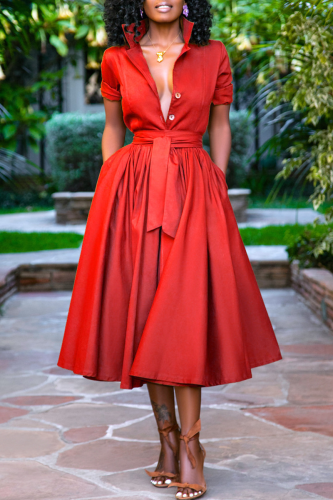Red Casual Solid Patchwork Turndown Collar Cake Skirt Dresses