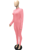 ピンク カジュアル ソリッド パッチワーク ターンダウン カラー スキニー ジャンプスーツ