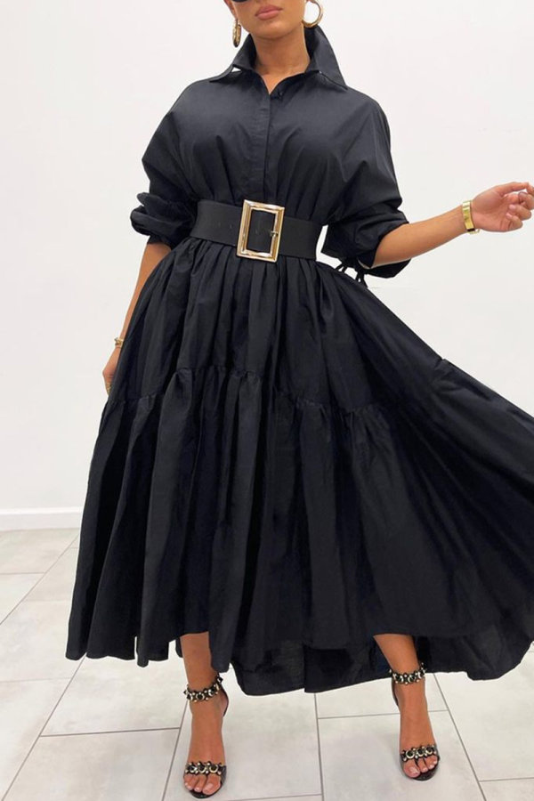 Черное модное повседневное однотонное платье-рубашка без пояса с отложным воротником и длинным рукавом