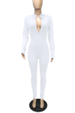 White Casual Solid Patchwork Turndown Collar Skinny Jumpsuits