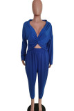Blue Casual Solid Patchwork Fold Asymmetrical V Neck Long Sleeve Two Pieces