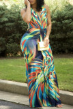 Многоцветное модное сексуальное платье с принтом и V-образным вырезом без рукавов