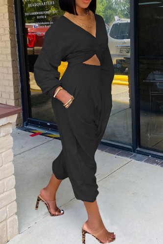 Black Casual Solid Patchwork Fold Asymmetrical V Neck Long Sleeve Two Pieces