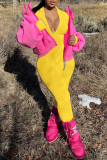 ピンク カジュアル ソリッド パッチワーク ターンダウン カラー スキニー ジャンプスーツ
