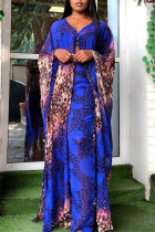 Blue Fashion Casual Print Slit V Neck Long Sleeve Two Pieces
