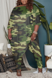 Camouflage Casual Print Patchwork One Shoulder Plus Size Two Pieces