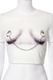 White Sexy Print Patchwork Chains O Neck T-Shirts