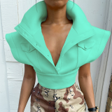 Green Sexy Solid Patchwork Turndown Collar Tops