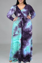Paarsblauw Mode Casual Tie Dye Printing V-hals Lange mouw Plus size jurken
