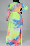 Multicolore Mode Casual Tie Dye Impression Col V Manches Longues Plus La Taille Robes