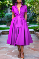 Пурпурные повседневные однотонные лоскутные платья с отложным воротником и юбкой-юбкой