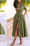 Red Casual Solid Patchwork Turndown Collar Cake Skirt Dresses