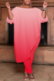 Розовый Повседневный принт с постепенными изменениями Пэчворк Ассиметричный С открытыми плечами Большие размеры Из двух частей
