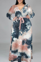 Donkergrijze Mode Casual Tie Dye Printing V-hals Lange mouw Grote maten jurken
