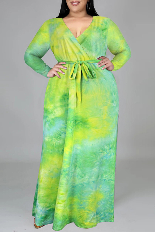 グリーンファッションカジュアルタイダイプリントVネックロングスリーブプラスサイズドレス