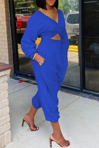 Blue Casual Solid Patchwork Fold Asymmetrical V Neck Long Sleeve Two Pieces